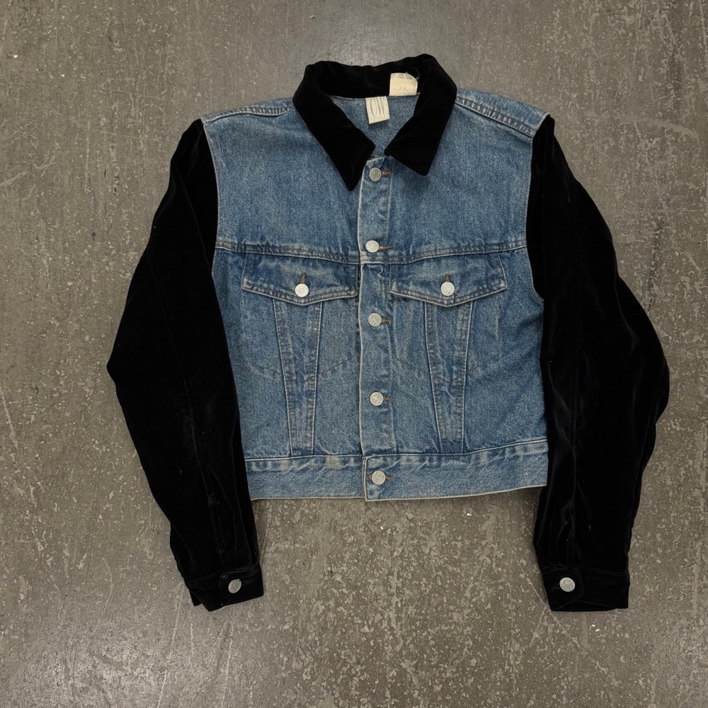 Denim Jacket Womens Medium Blue Black Excellent Velvet Sleeve Trucker